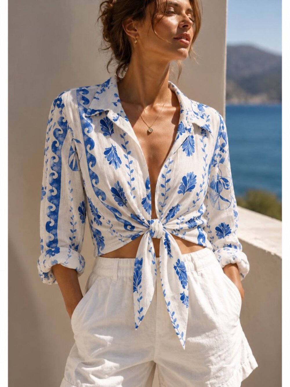 Calypso St. Barth White Blue Floral Linen Tie Front Crop Blouse Large NWT